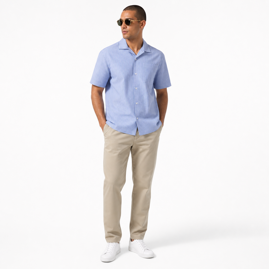 WEELZ Striped Box-Fit Short-Sleeve Shirt — Sky Blue styled model view