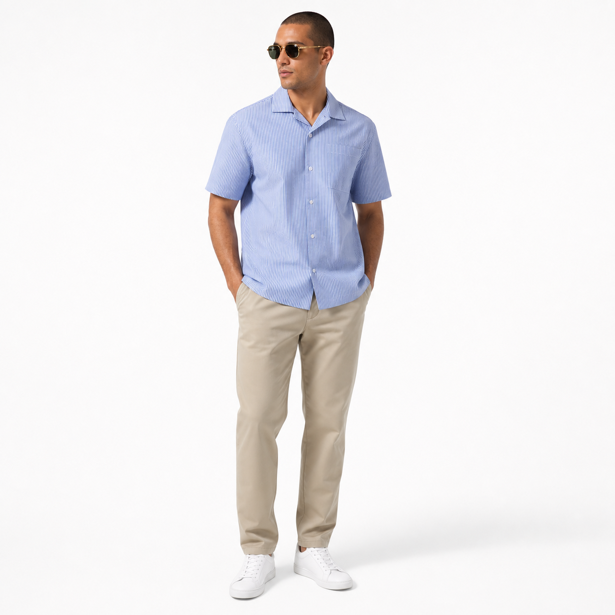 WEELZ Striped Box-Fit Short-Sleeve Shirt — Sky Blue styled model view