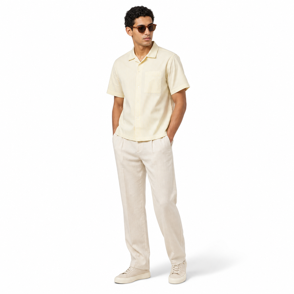 WEELZ Striped Box-Fit Short-Sleeve Shirt — Soft Yellow styled model view