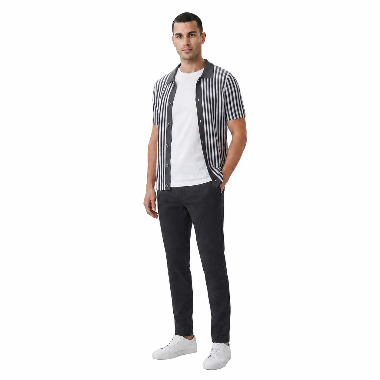 WEELZ Striped Button-Through Knit Shirt - Grey & Black - view 1