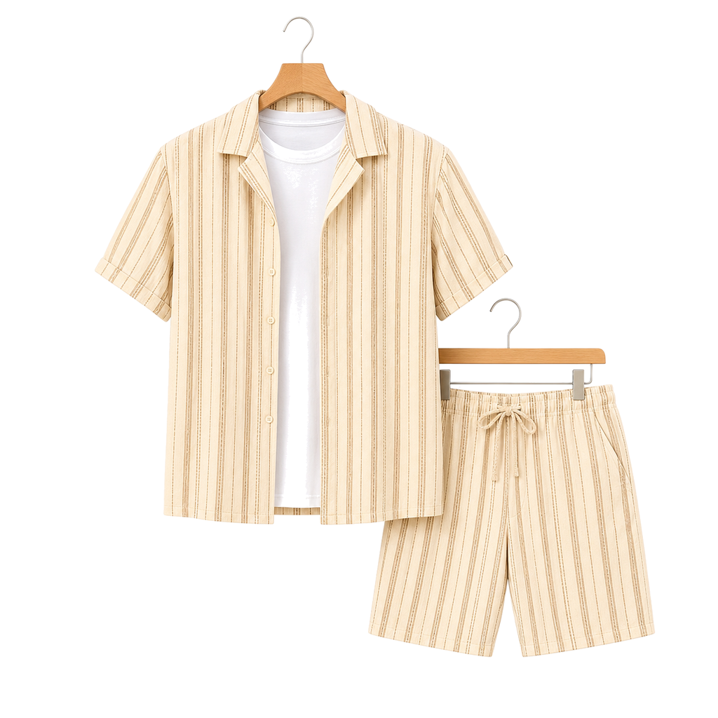 WEELZ Striped Linen Camp-Collar Shirt and Shorts Set in Beige and Brown — front hanging view