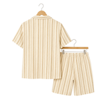 WEELZ Striped Linen Camp-Collar Shirt and Shorts Set in Beige and Brown — back hanging view