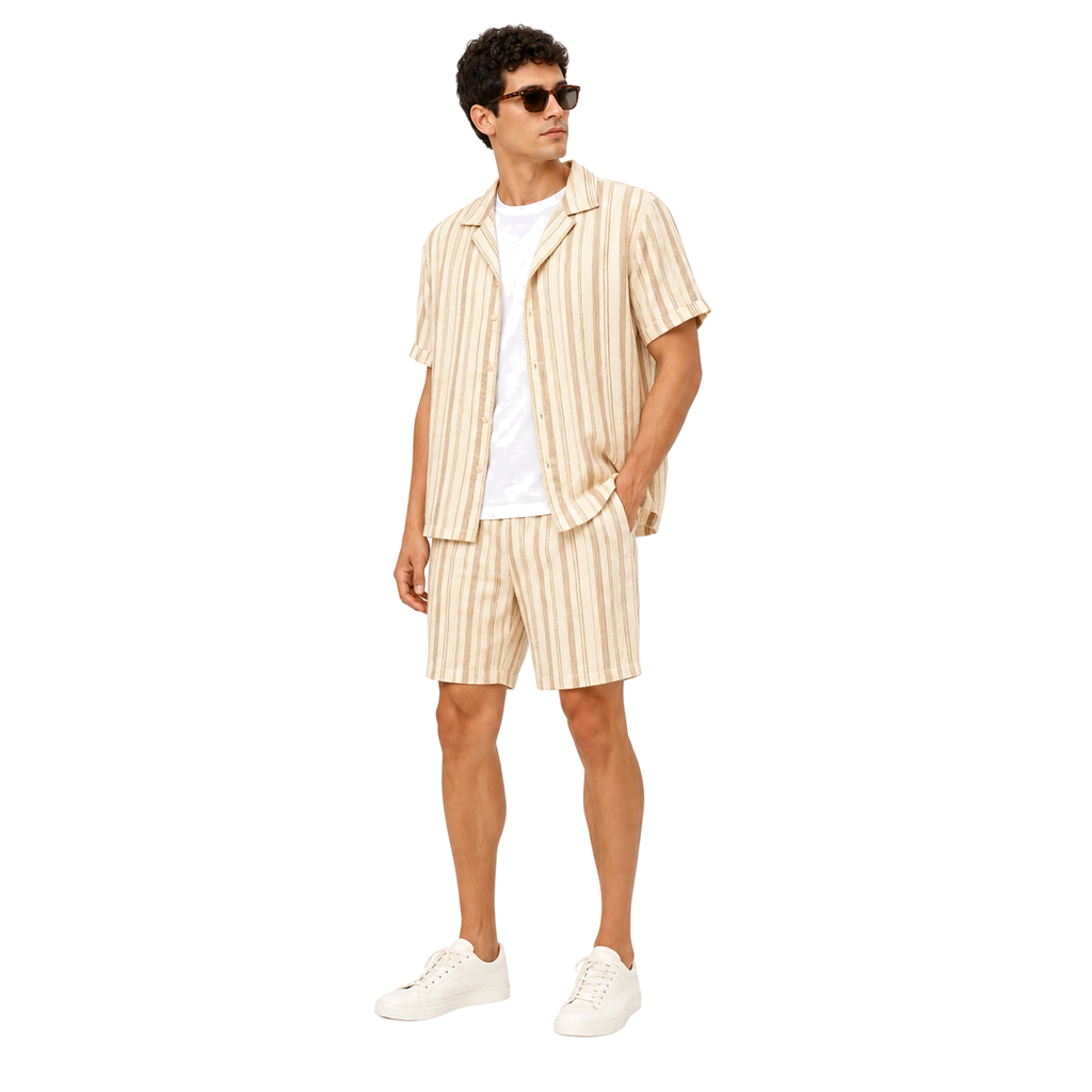 WEELZ Striped Linen Camp-Collar Shirt and Shorts Set in Beige and Brown — styled model look 1