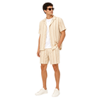 WEELZ Striped Linen Camp-Collar Shirt and Shorts Set in Beige and Brown — styled model look 1
