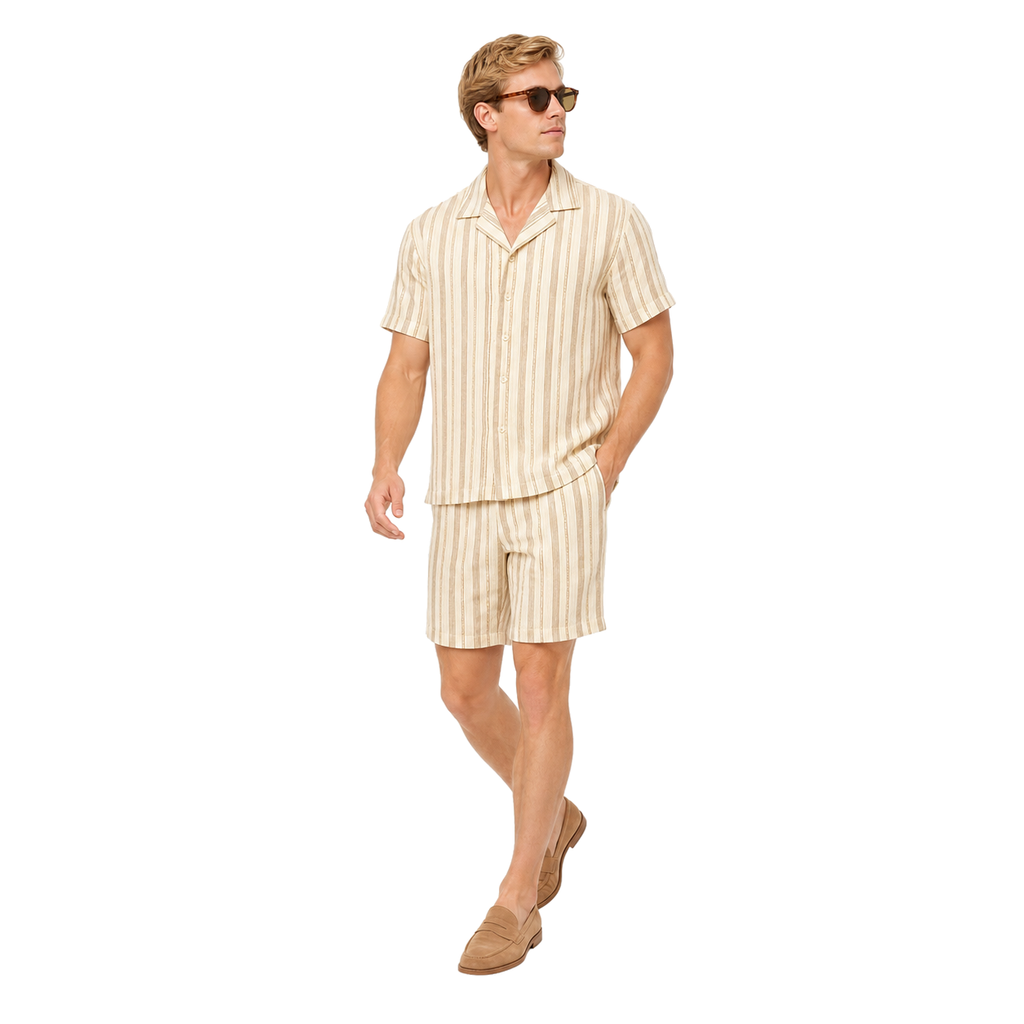 WEELZ Striped Linen Camp-Collar Shirt and Shorts Set in Beige and Brown — styled model look 2