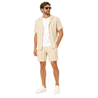 WEELZ Striped Linen Camp-Collar Shirt and Shorts Set in Beige and Brown — styled model look 3