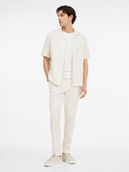 WEELZ striped linen-blend short-sleeve shirt — beige and cream, styled look 1