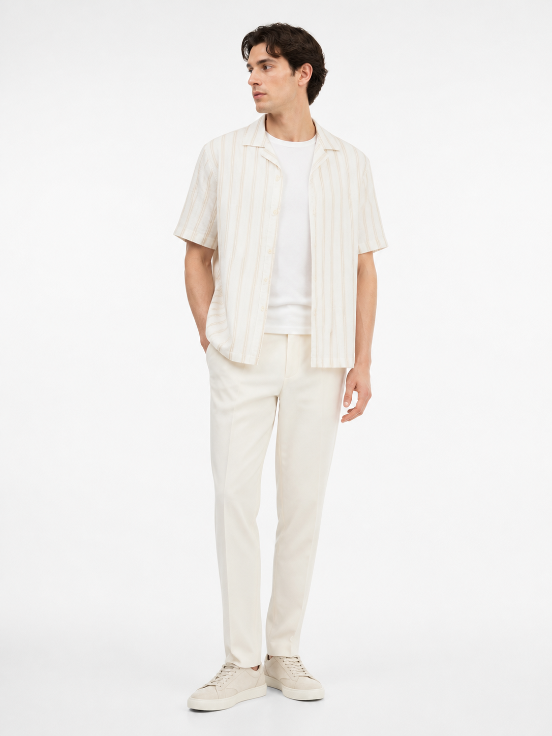 WEELZ striped linen-blend short-sleeve shirt — beige and cream, styled look 1