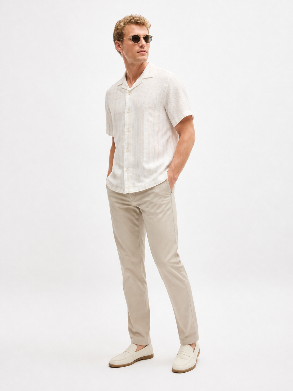 WEELZ striped linen-blend short-sleeve shirt — beige and cream, styled look 2