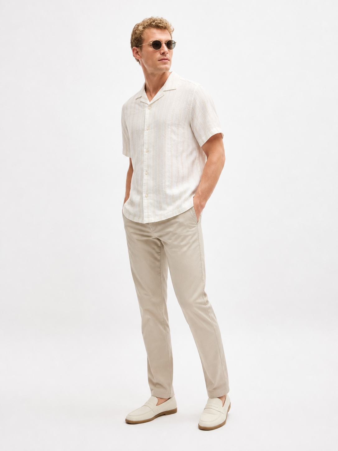 WEELZ striped linen-blend short-sleeve shirt — beige and cream, styled look 2