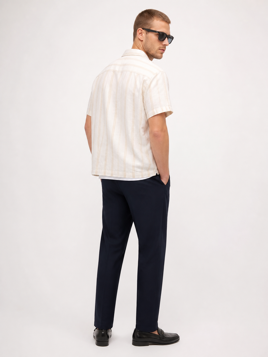 WEELZ striped linen-blend short-sleeve shirt — beige and cream, styled look 3