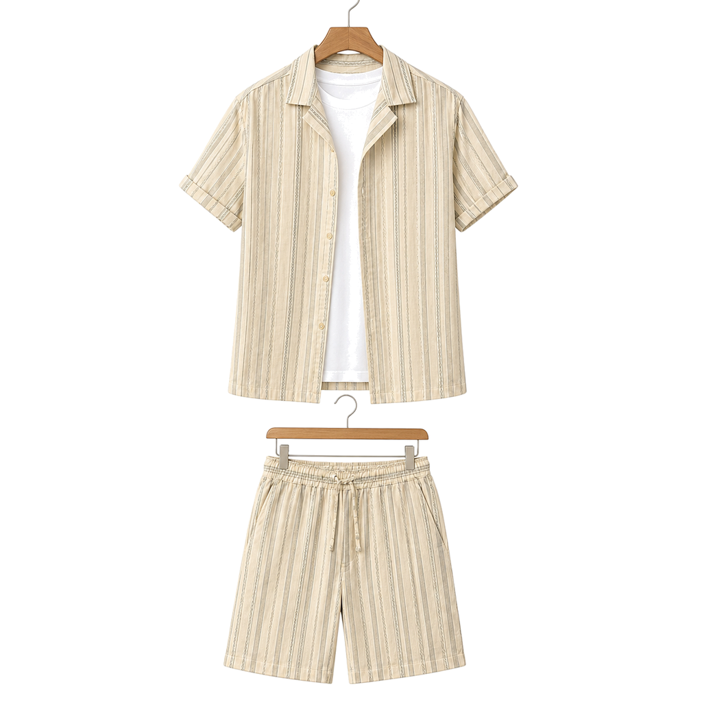 WEELZ Striped Linen Camp-Collar Shirt and Shorts Set in Beige and Olive — front hanging view
