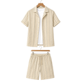 WEELZ Striped Linen Camp-Collar Shirt and Shorts Set in Beige and Olive — front hanging view