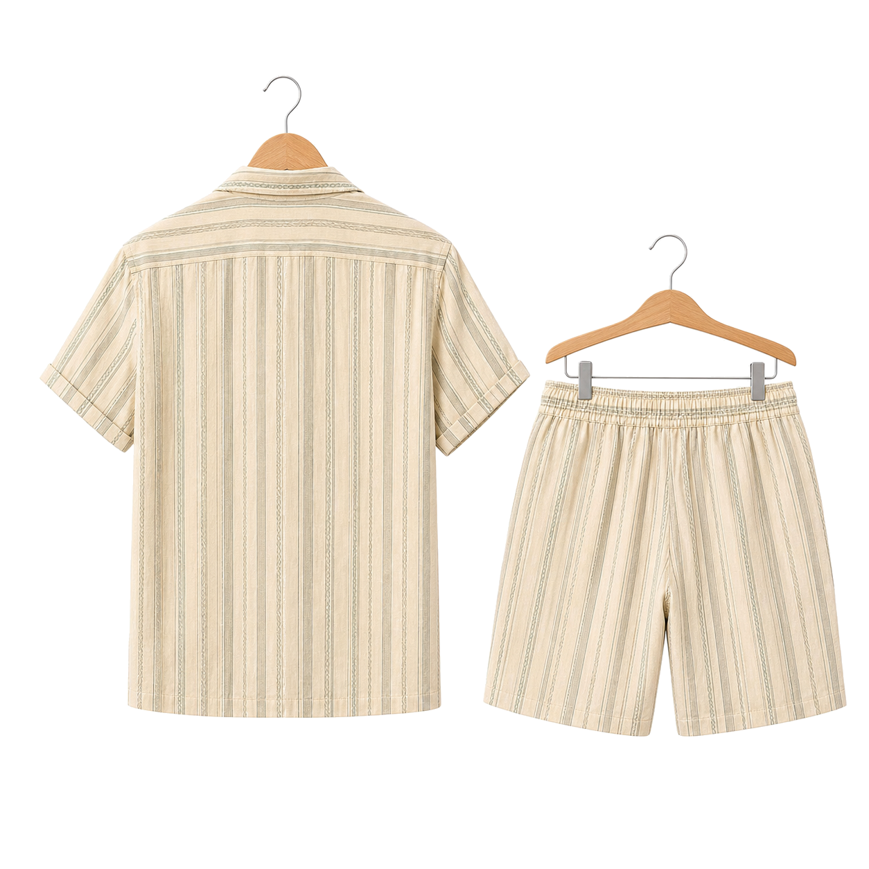 WEELZ Striped Linen Camp-Collar Shirt and Shorts Set in Beige and Olive — back hanging view