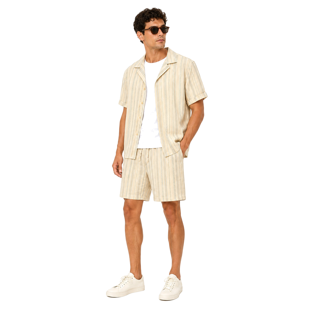 WEELZ Striped Linen Camp-Collar Shirt and Shorts Set in Beige and Olive — styled model look 1