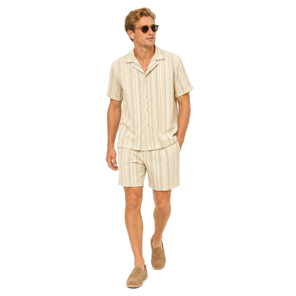 WEELZ Striped Linen Camp-Collar Shirt and Shorts Set in Beige and Olive — styled model look 2
