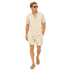 WEELZ Striped Linen Camp-Collar Shirt and Shorts Set in Beige and Olive — styled model look 2