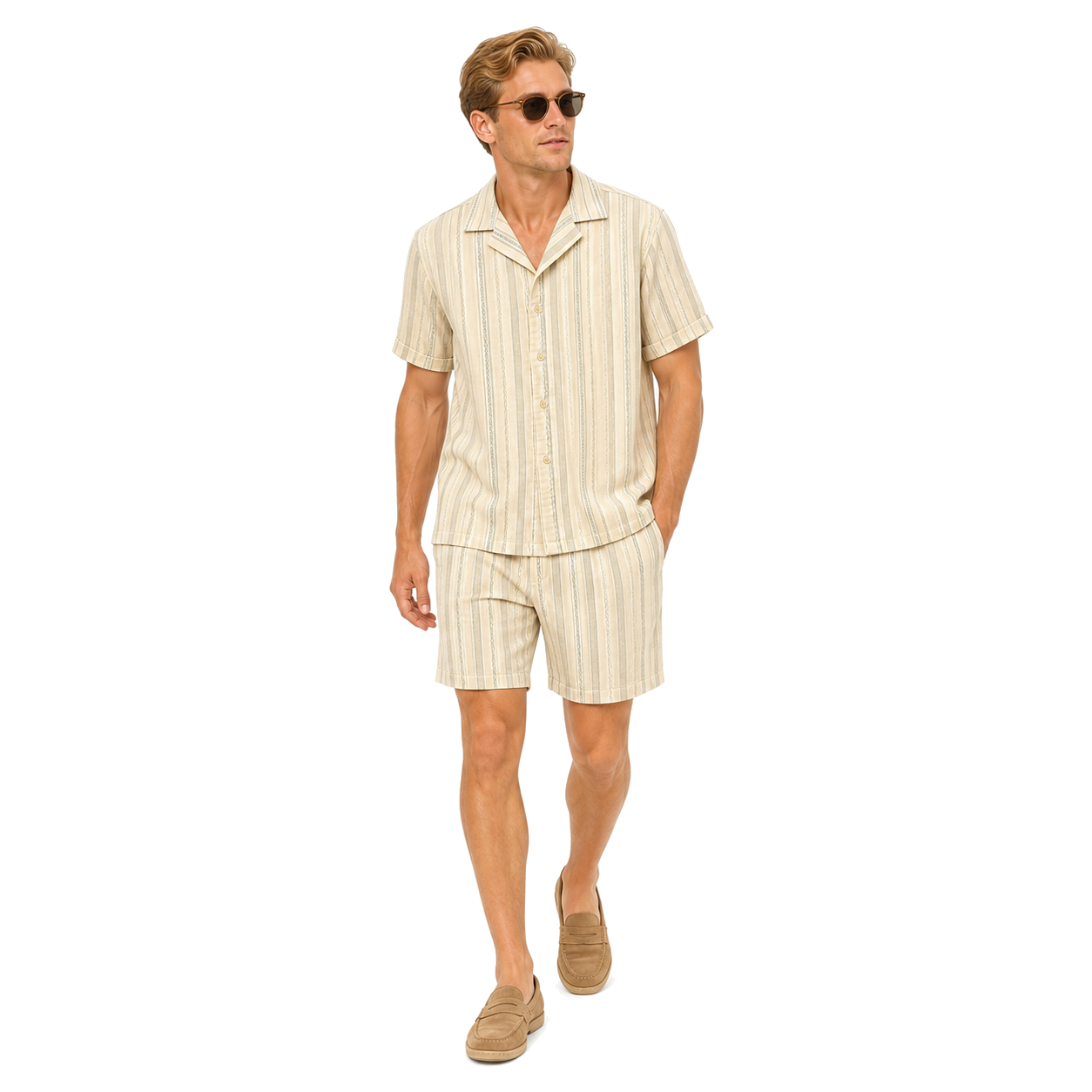 WEELZ Striped Linen Camp-Collar Shirt and Shorts Set in Beige and Olive — styled model look 2