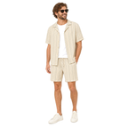 WEELZ Striped Linen Camp-Collar Shirt and Shorts Set in Beige and Olive — styled model look 3