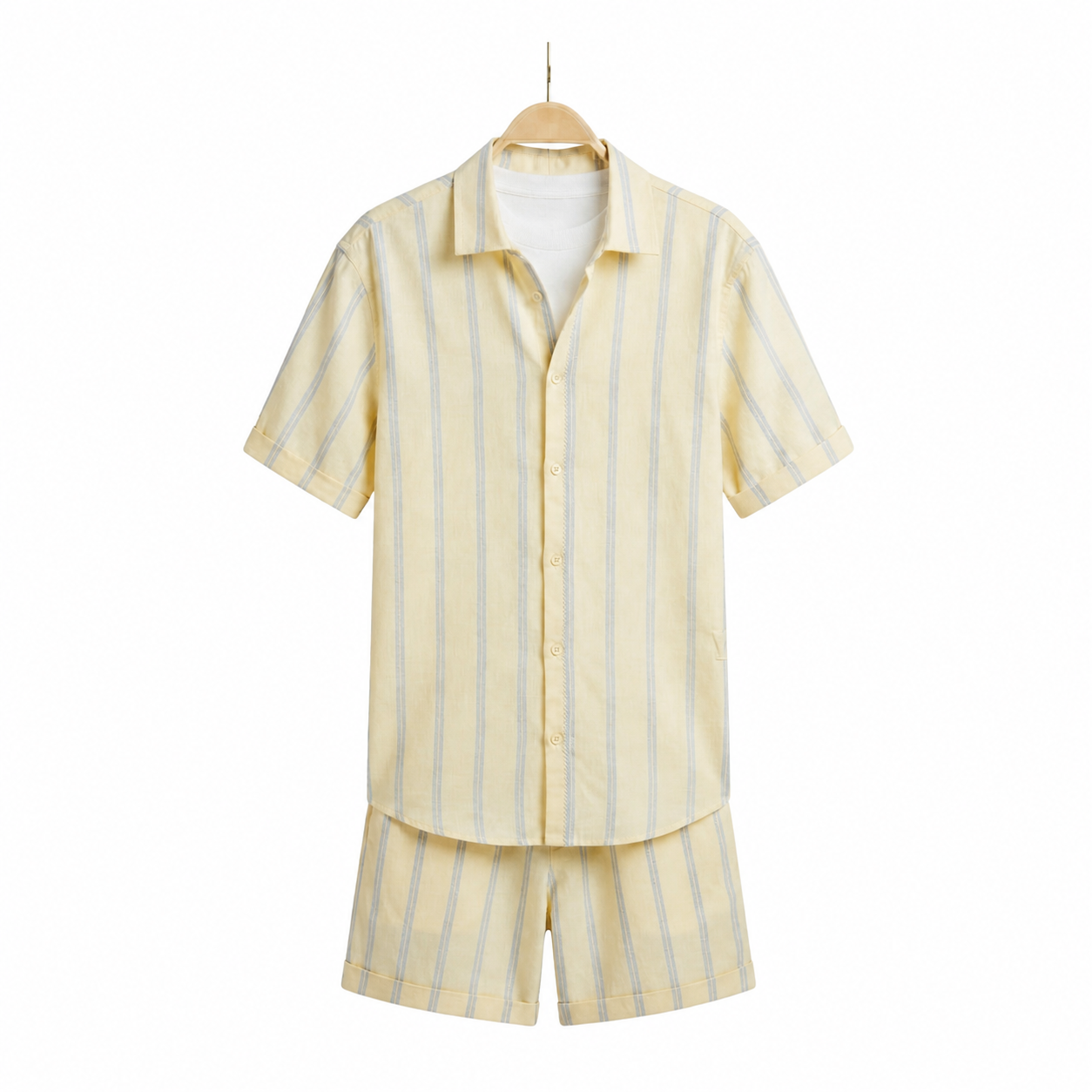 WEELZ Striped Linen Camp-Collar Shirt & Shorts Set - Off-White & Sky Blue - view 1