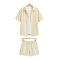 WEELZ Striped Linen Camp-Collar Shirt and Shorts Set in Off-White and Sky Blue — front hanging view