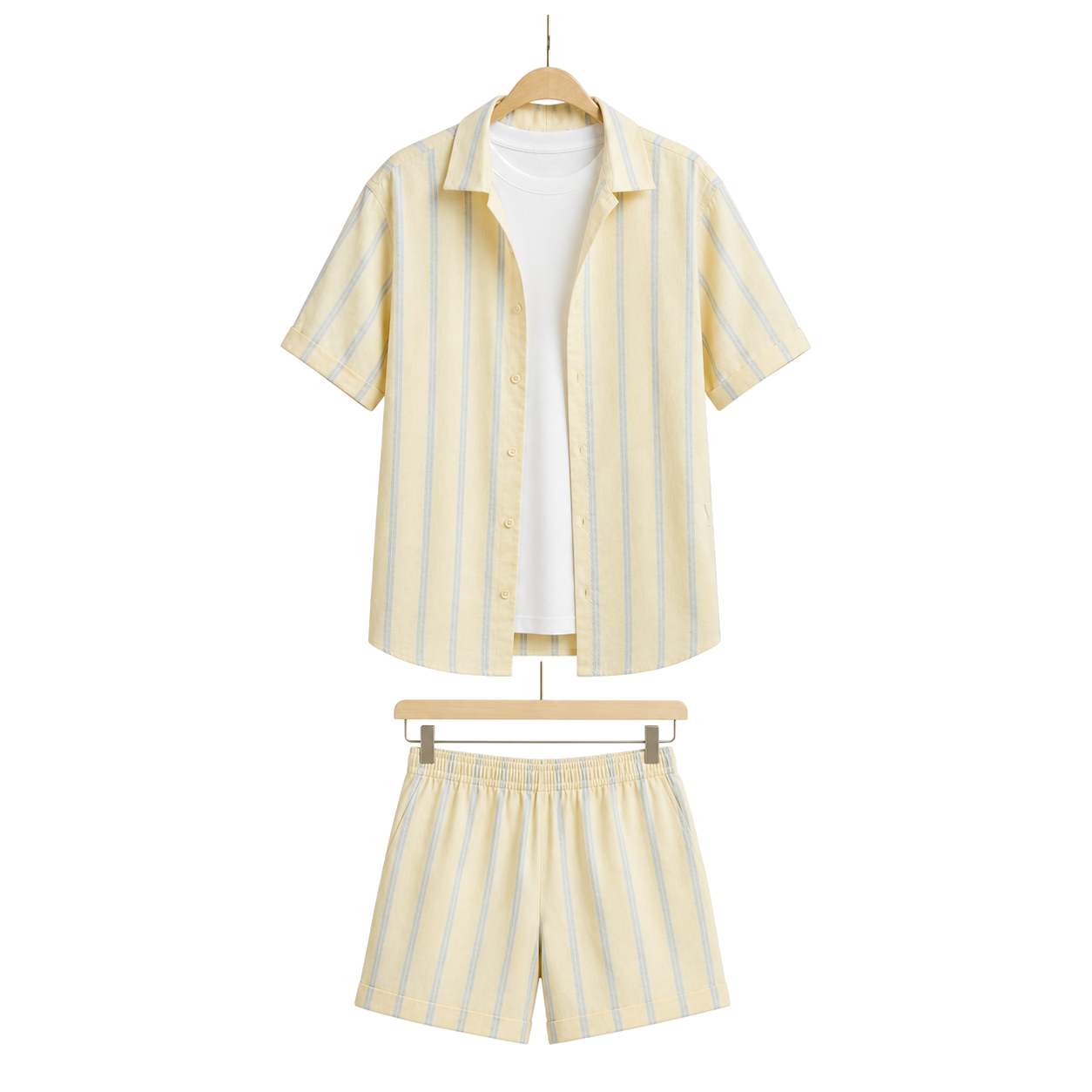 WEELZ Striped Linen Camp-Collar Shirt and Shorts Set in Off-White and Sky Blue — front hanging view