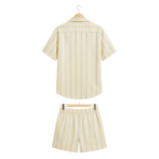 WEELZ Striped Linen Camp-Collar Shirt and Shorts Set in Off-White and Sky Blue — back hanging view