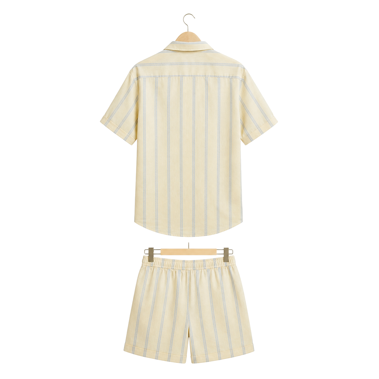 WEELZ Striped Linen Camp-Collar Shirt and Shorts Set in Off-White and Sky Blue — back hanging view