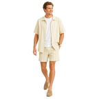 WEELZ Striped Linen Camp-Collar Shirt and Shorts Set in Off-White and Sky Blue — styled model look 2