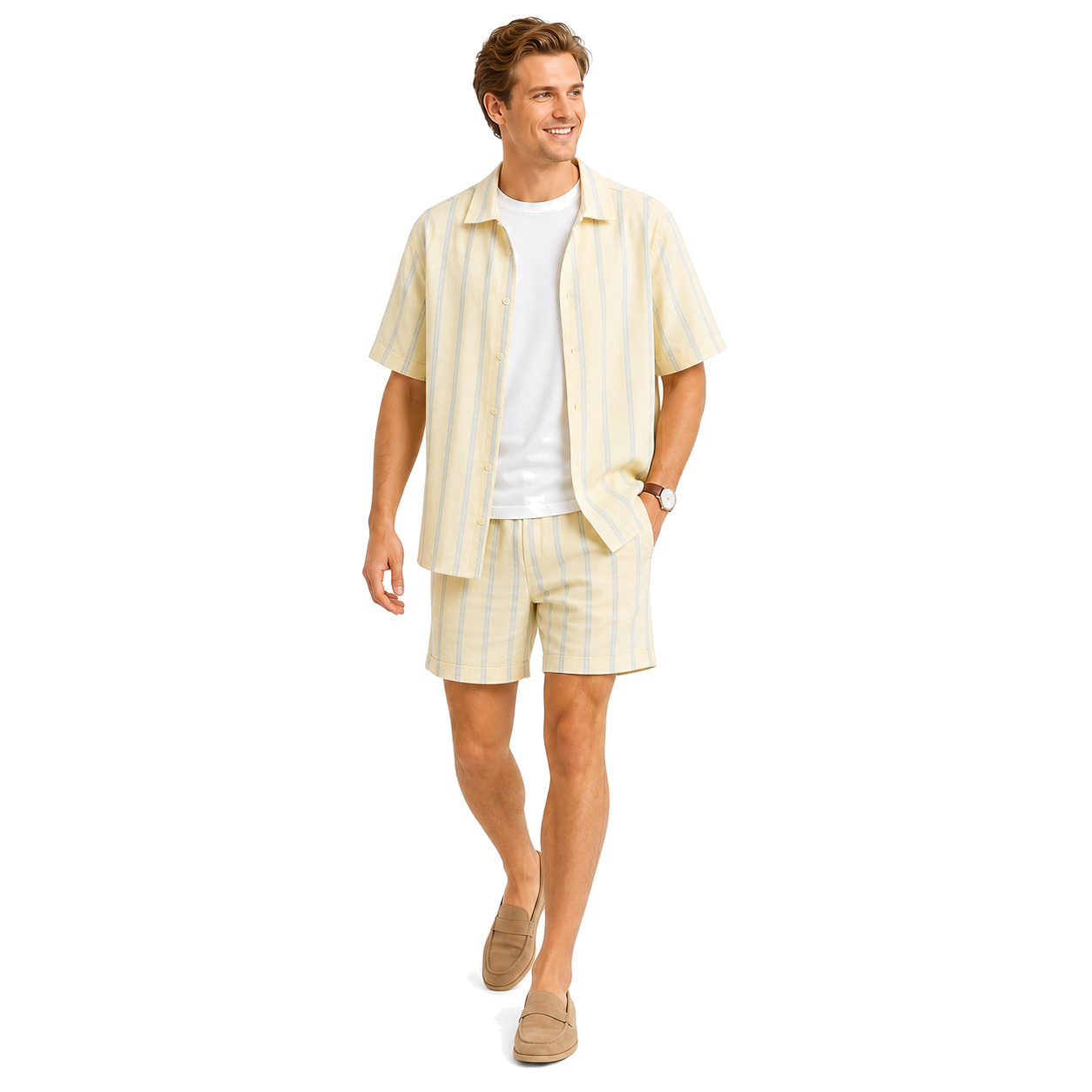 WEELZ Striped Linen Camp-Collar Shirt and Shorts Set in Off-White and Sky Blue — styled model look 2
