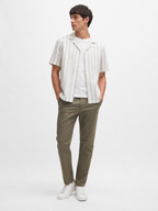 WEELZ striped linen-blend short-sleeve shirt — olive and cream, styled look 1
