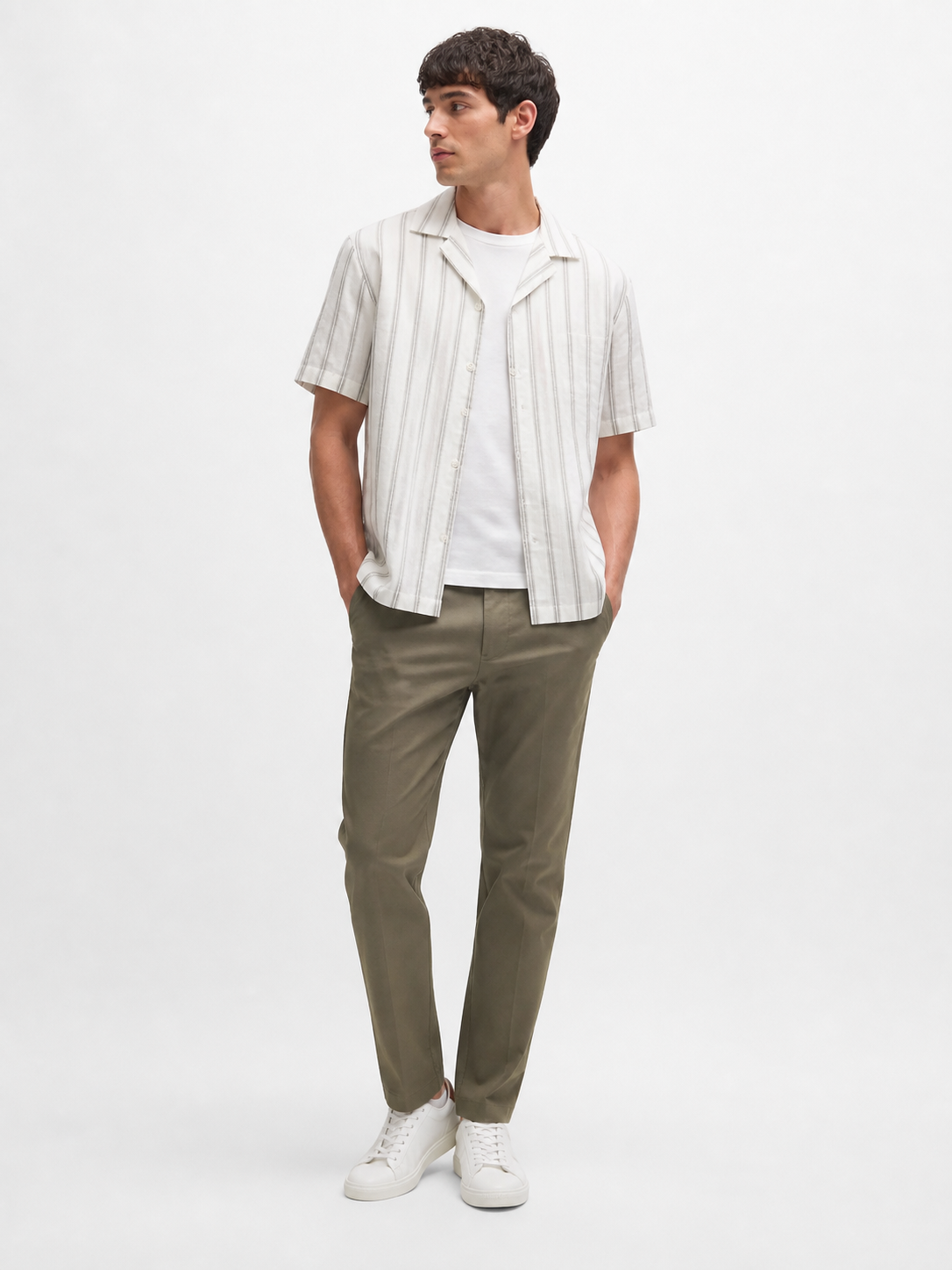 WEELZ striped linen-blend short-sleeve shirt — olive and cream, styled look 1