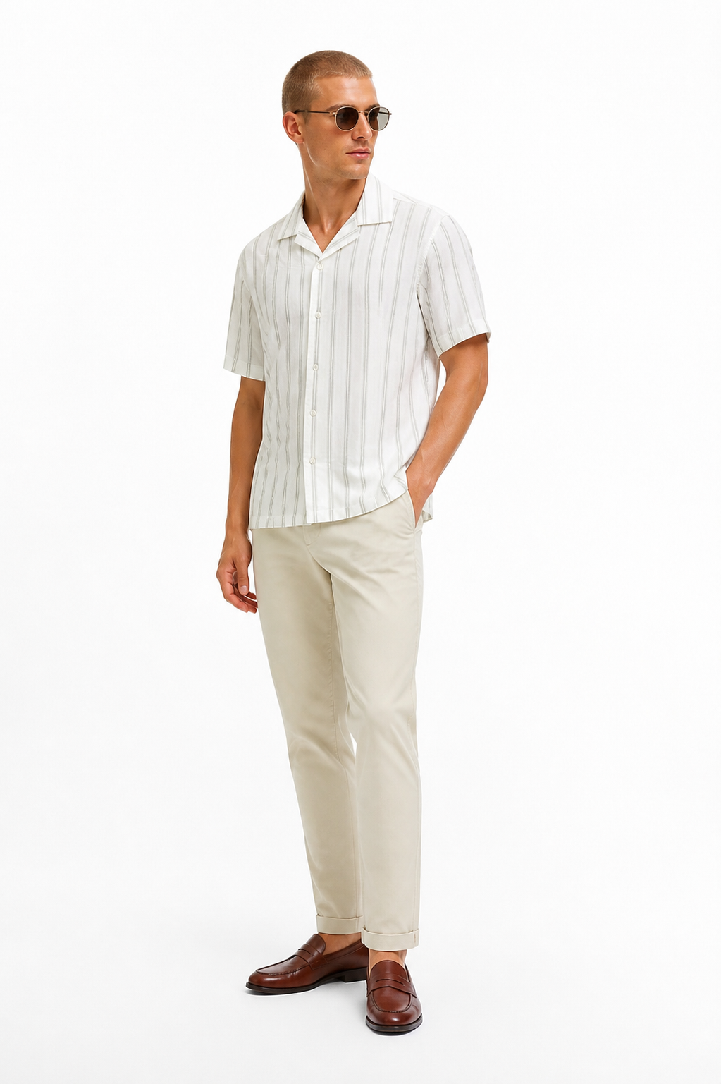 WEELZ striped linen-blend short-sleeve shirt — olive and cream, styled look 2