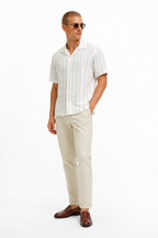 WEELZ striped linen-blend short-sleeve shirt — olive and cream, styled look 2