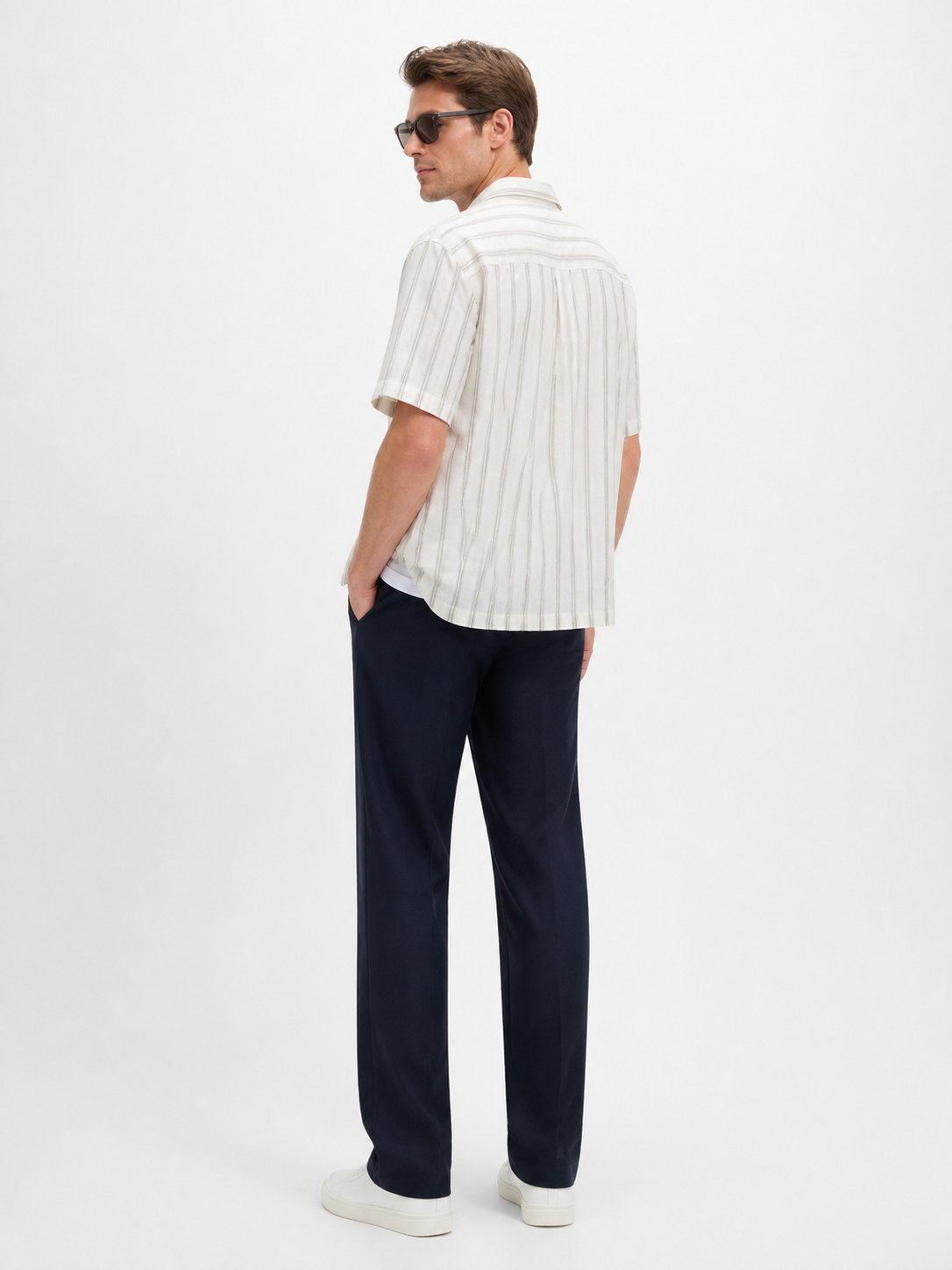 WEELZ striped linen-blend short-sleeve shirt — olive and cream, styled look 3