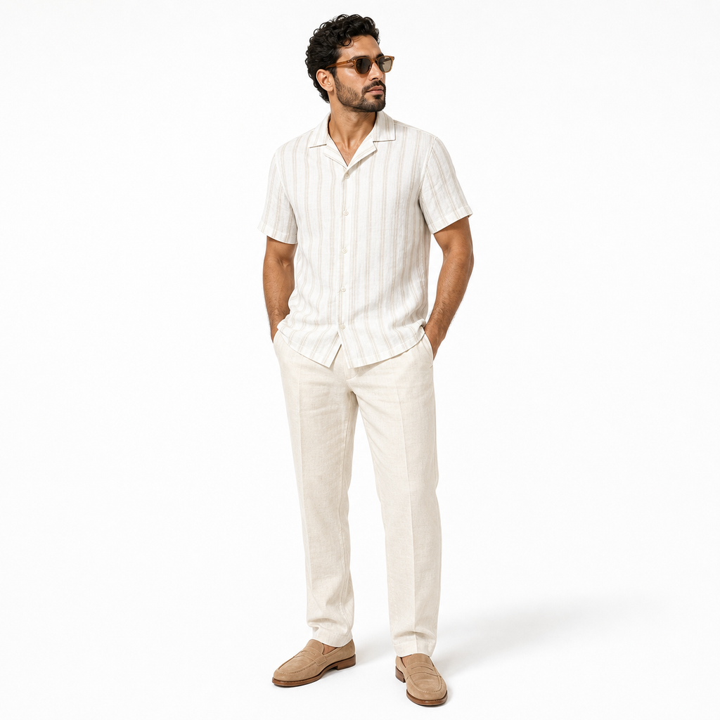 WEELZ Striped Linen-Blend Short-Sleeve Shirt — Beige & Cream Stripe styled model view