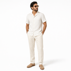 WEELZ Striped Linen-Blend Short-Sleeve Shirt — Beige & Cream Stripe styled model view