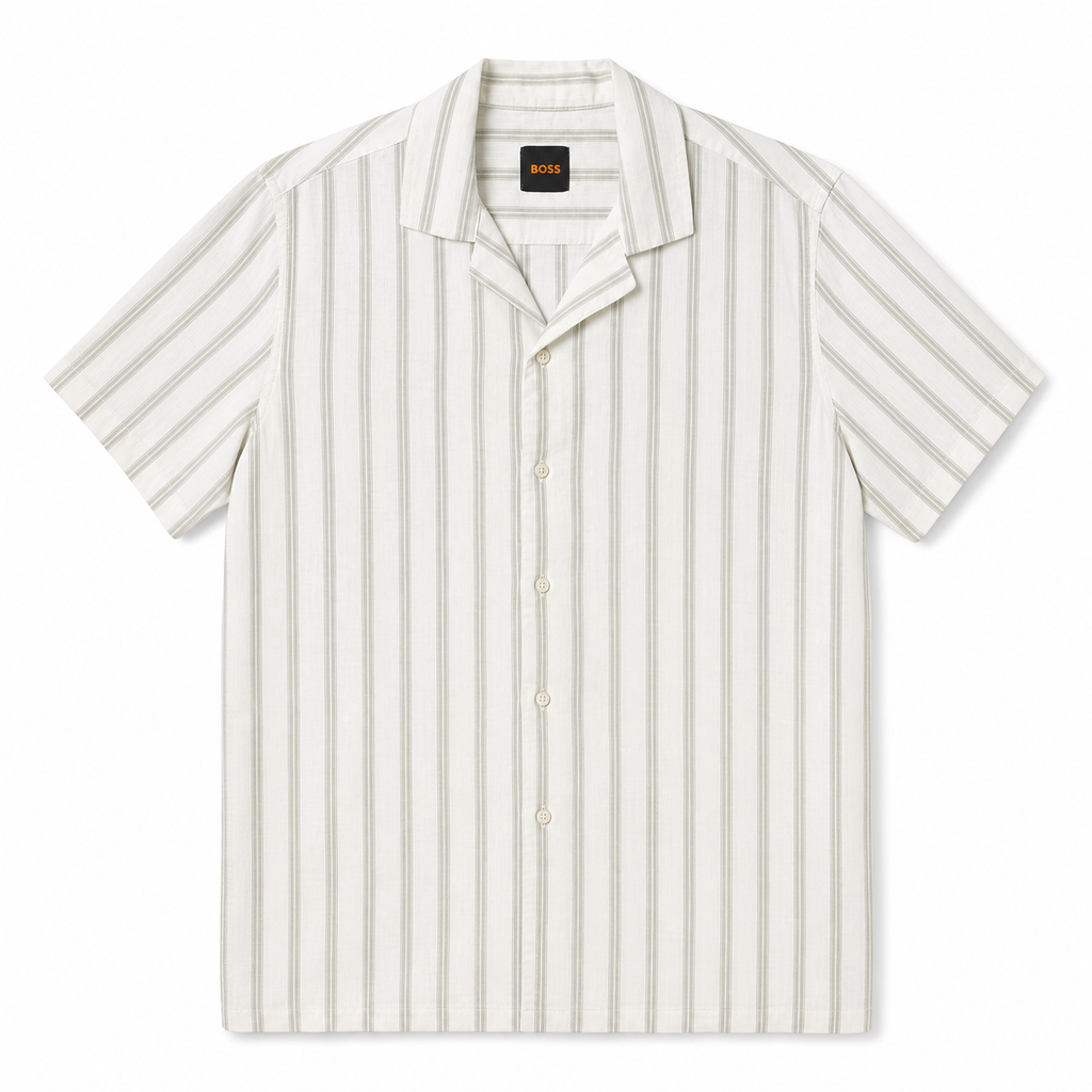 WEELZ Striped Linen-Blend Short-Sleeve Shirt — Olive & Cream Stripe product view