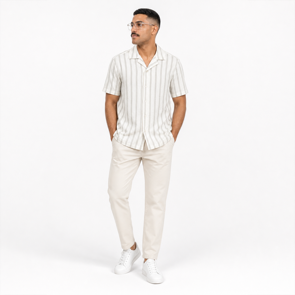 WEELZ Striped Linen-Blend Short-Sleeve Shirt — Olive & Cream Stripe styled model view