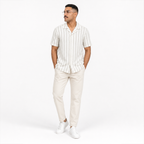 WEELZ Striped Linen-Blend Short-Sleeve Shirt — Olive & Cream Stripe styled model view