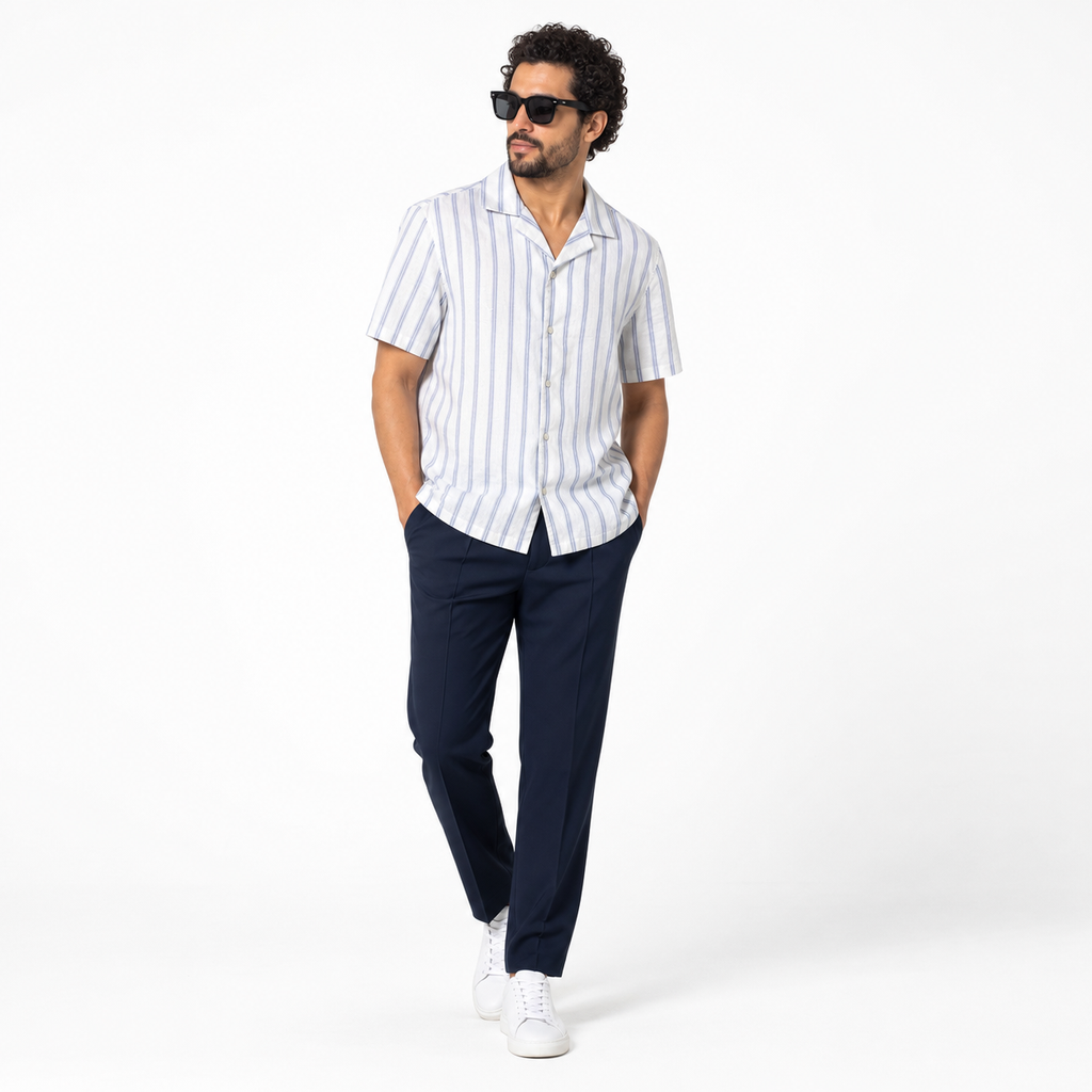 WEELZ Striped Linen-Blend Short-Sleeve Shirt — Sky Blue & Cream Stripe styled model view