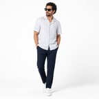 WEELZ Striped Linen-Blend Short-Sleeve Shirt — Sky Blue & Cream Stripe styled model view