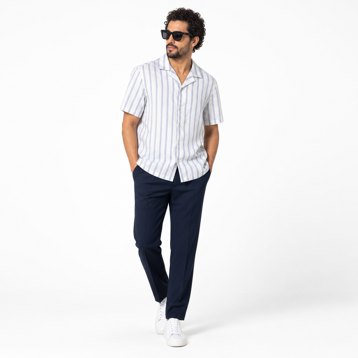 WEELZ Striped Linen-Blend Short-Sleeve Shirt — Sky Blue & Cream Stripe styled model view