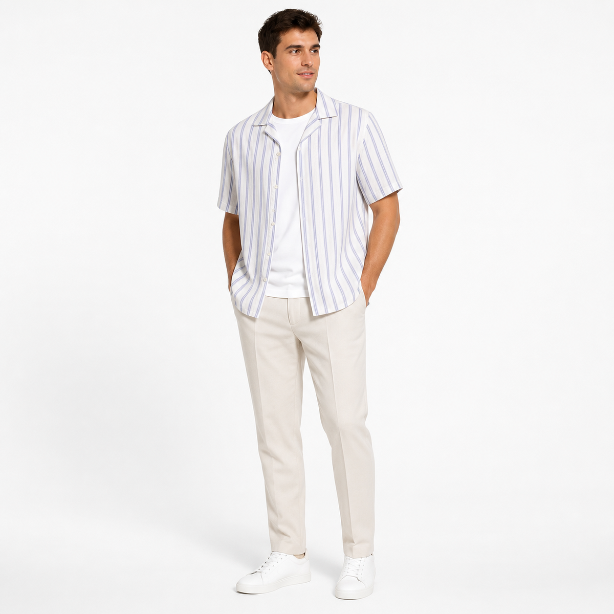 WEELZ striped linen-blend short-sleeve shirt in sky blue and cream, styled on model 1