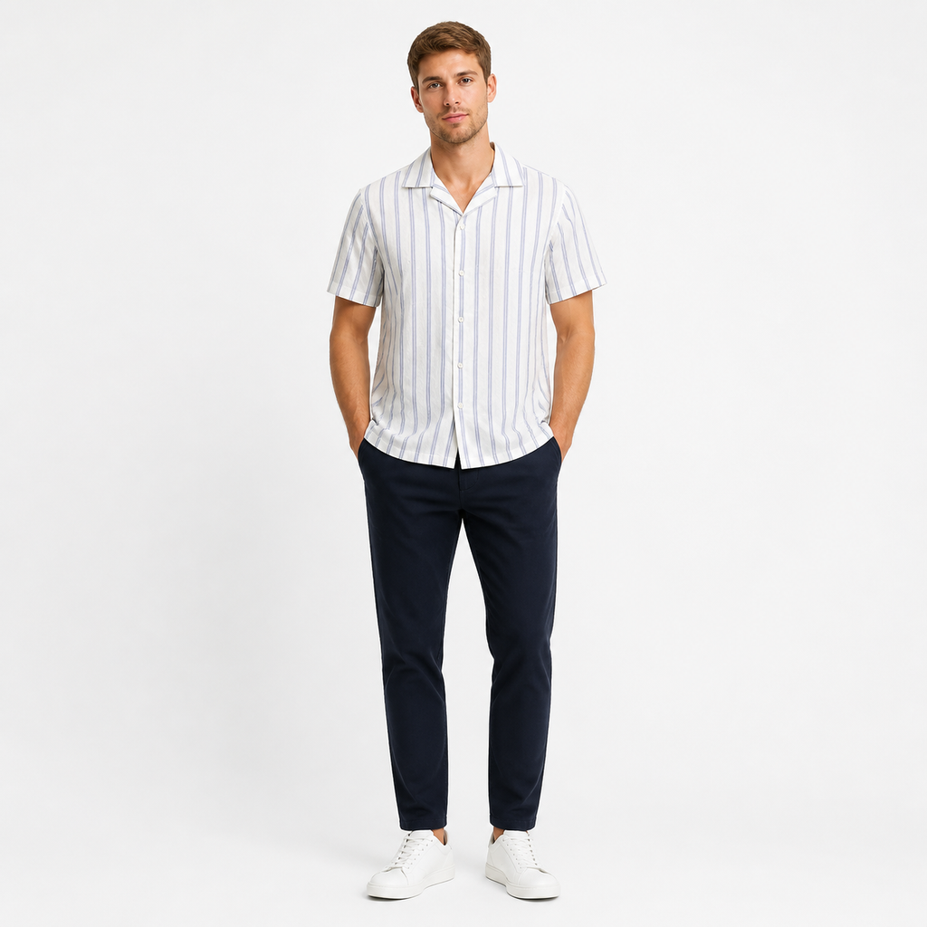 WEELZ striped linen-blend short-sleeve shirt in sky blue and cream, styled on model 2