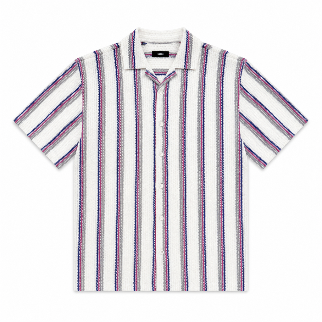 WEELZ Striped Mesh Short-Sleeve Shirt — Burgundy Stripe product view