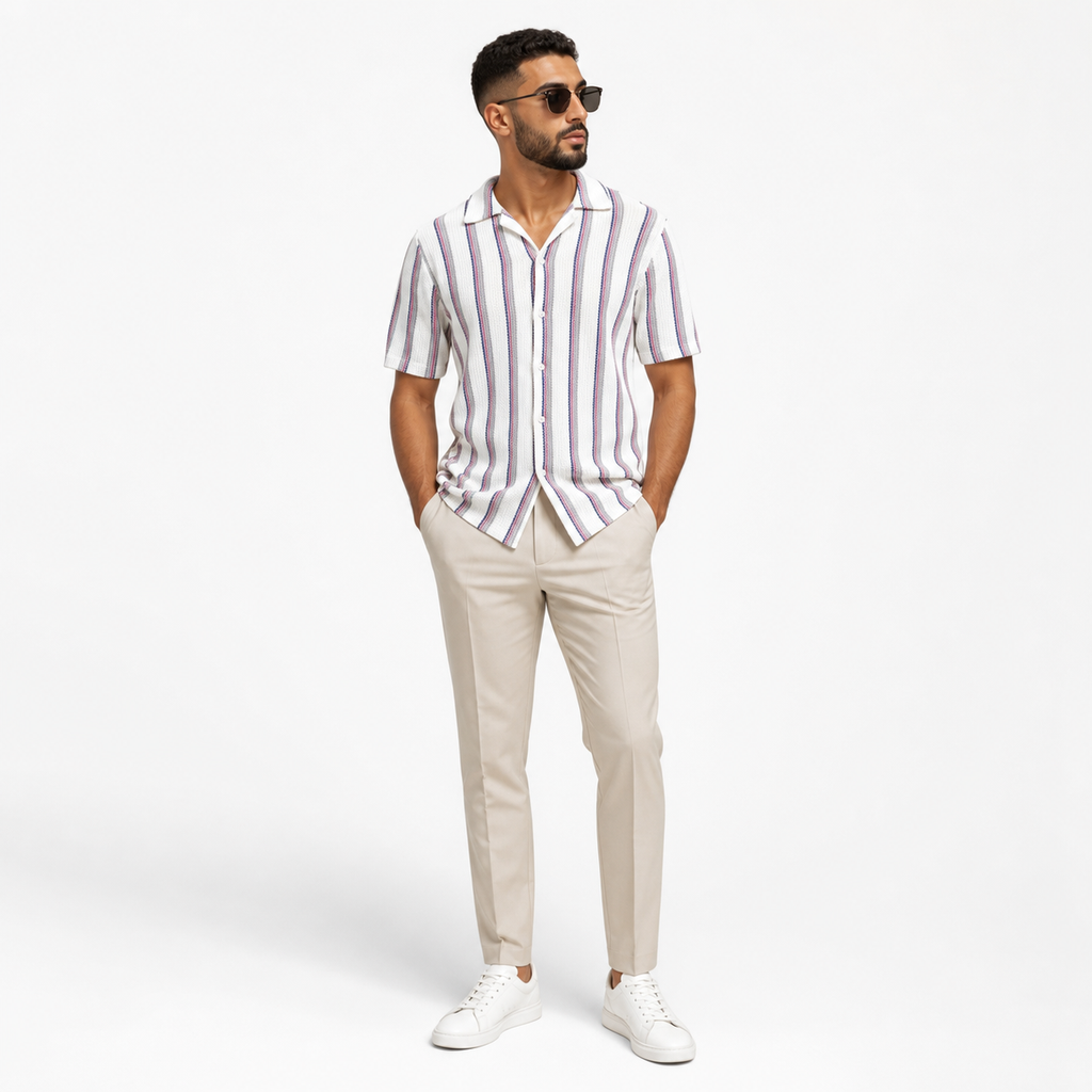 WEELZ Striped Mesh Short-Sleeve Shirt — Burgundy Stripe styled model view