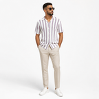 WEELZ Striped Mesh Short-Sleeve Shirt — Burgundy Stripe styled model view