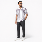 WEELZ Striped Mesh Short-Sleeve Shirt — Grey Stripe styled model view