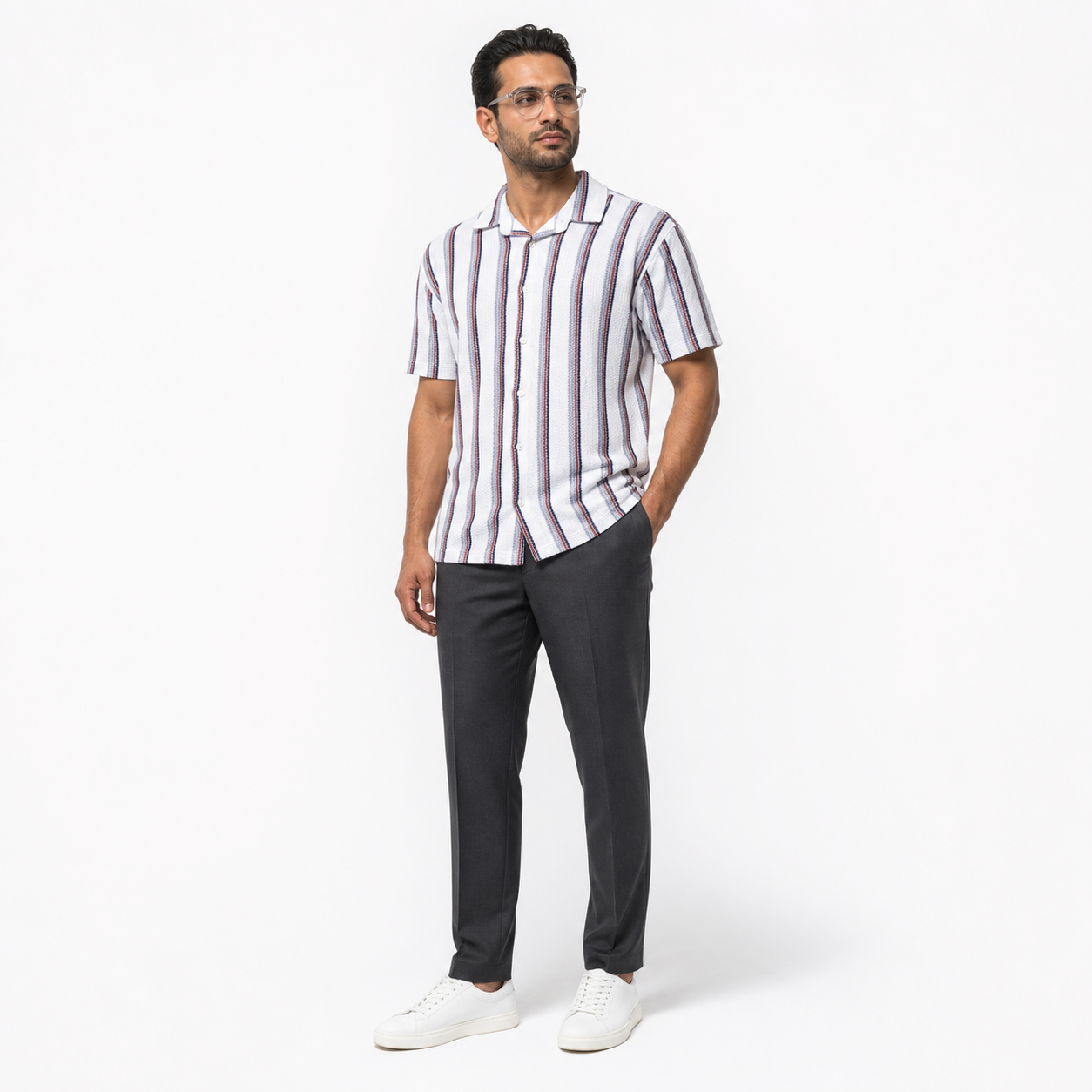 WEELZ Striped Mesh Short-Sleeve Shirt — Grey Stripe styled model view